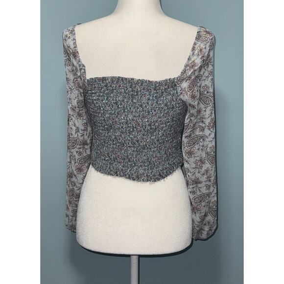 American Eagle Womens XS Smocked Blouse Paisley Romantic Feminine Dainty Sheer - Picture 2 of 8